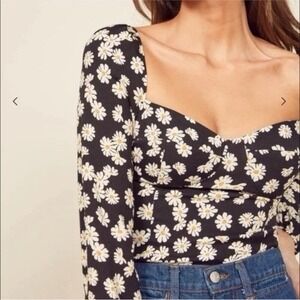 Reformation Reign Daisy Top Black Floral Puff Sleeve Crop Top Size 8
